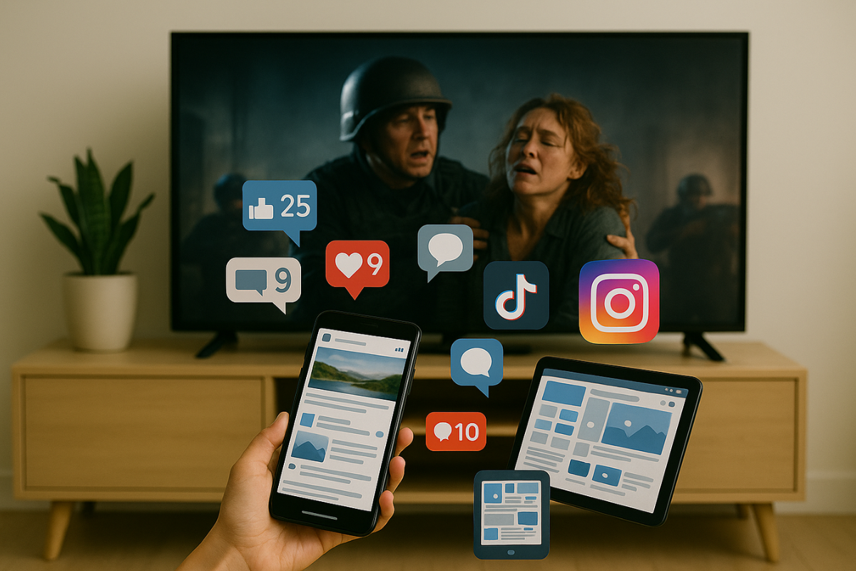 Person schaut auf Smartphone und Tablet mit Social-Media-Symbolen, während im Hintergrund ein emotionaler Kriegsfilm auf dem Fernseher läuft.