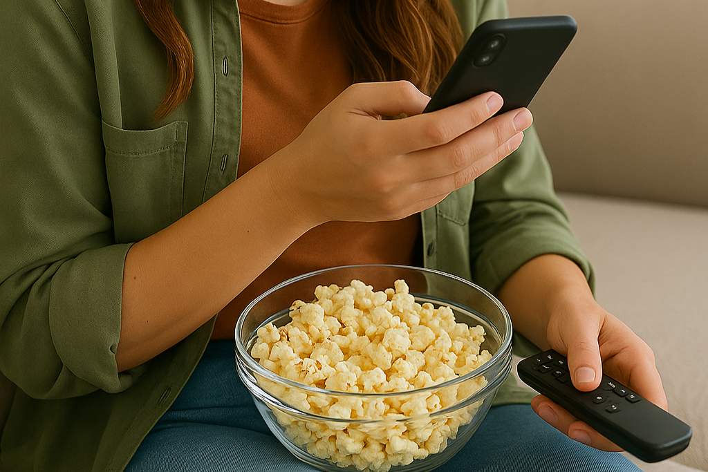 Person nutzt Second Screen beim Fernsehen mit Smartphone und Tablet gleichzeitig.
